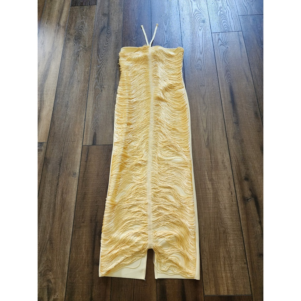 NWT Designer Inspired Yellow Fringe Bodycon Midi Dress Small Halter Party